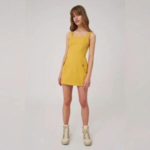 The Fifth Label - Mustard Yellow Overall Cargo Denim Mini Dress